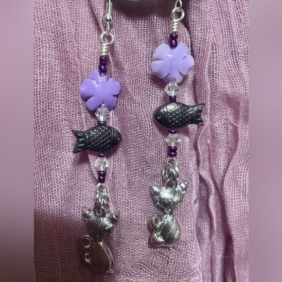 Purple Gem Cats Hand Crafted Earrings - Picture 6 of 8